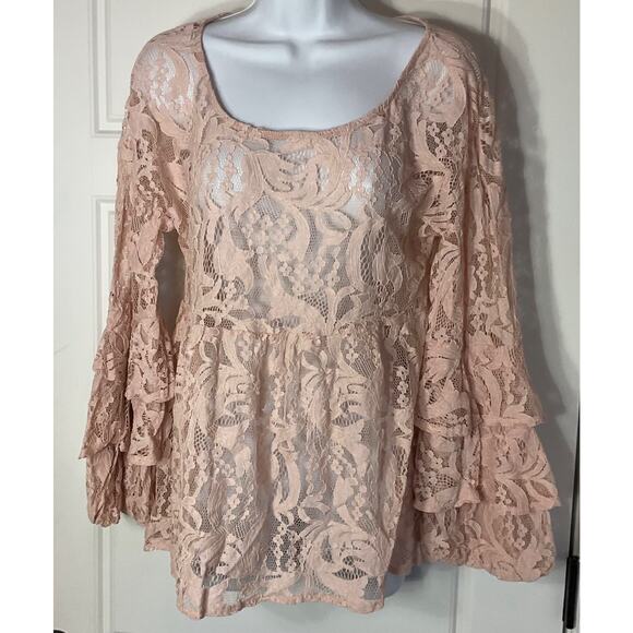 Suzanne Betro Tops - Suzanne Betro Pink Sheer Lace Babydoll Top With Layered Lace Sleeve L